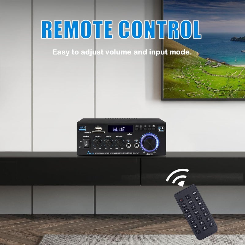WOOPKER AK45 Bluetooth 5.0 Amplifier Home Audio Stereo Receivers,Max 300W, 2.0 Channel Stereo Power Amplifie System with USB,SD Card,RCA,2 MIC in, Home Amp for Home Theater Speakers,Studio, Karaoke - Image 4